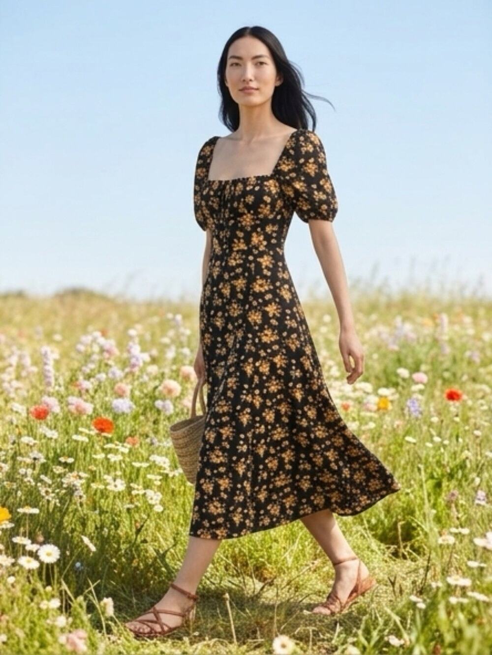 Cottagecore Romantic Feminine PuffSleeve Coquette Milkmaid Black Floral Dress M